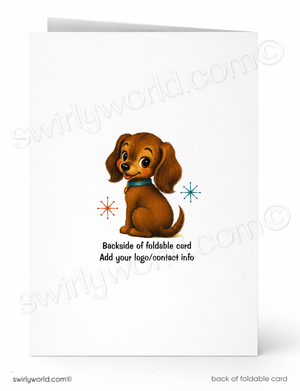 Backside of a foldable greeting card shown on a white background, featuring a cartoon brown puppy illustration with small red and blue snowflake-like accents and placeholder text reading 'Backside of foldable card' and 'Add your logo/contact info'.