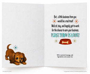 An open greeting card with a white background, featuring a cartoon puppy illustration on the left page and a humorous business letter on the right page with a red bone-shaped bowl and teal text.