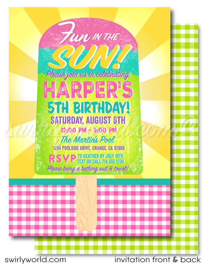 This "Fun in the Sun" summer ice cream popsicle party invitation design includes an instant downloadable invite, thank you card, and matching envelopes to set your summer beach theme party in style!
