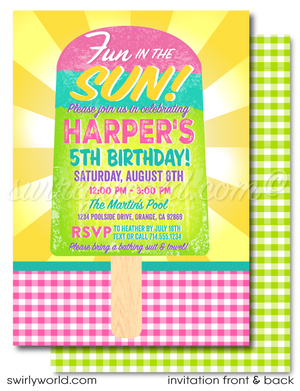 This "Fun in the Sun" summer ice cream popsicle party invitation design includes an instant downloadable invite, thank you card, and matching envelopes to set your summer beach theme party in style!