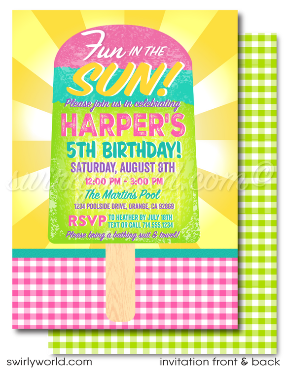 Popsicle Summer Theme Birthday Party Invitation. Summer Ice Cream Popsicle Party. Summer Popsicle Backyard Party. Girl's Slumber Pool Party