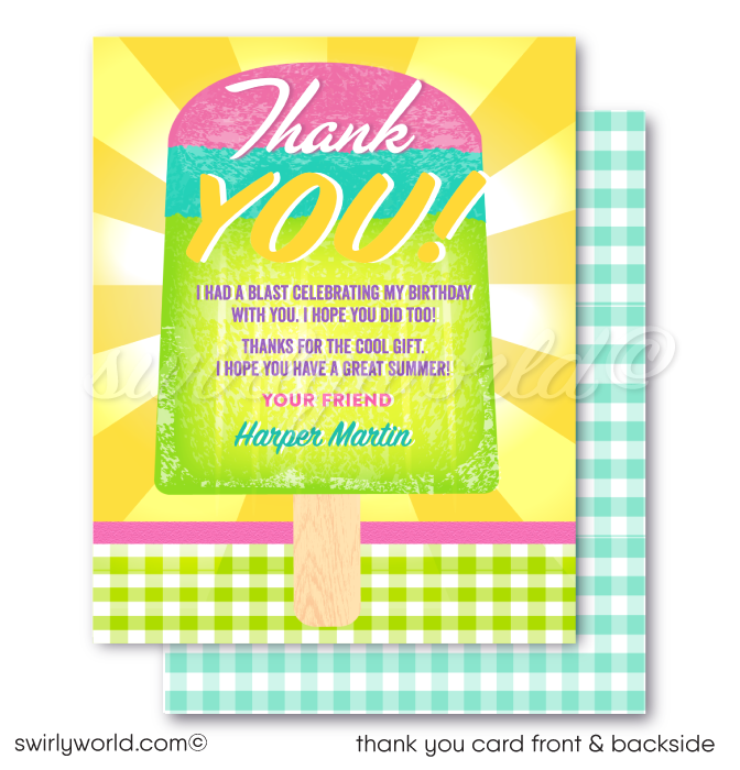 This "Fun in the Sun" summer ice cream popsicle party invitation design includes an instant downloadable invite, thank you card, and matching envelopes to set your summer beach theme party in style!