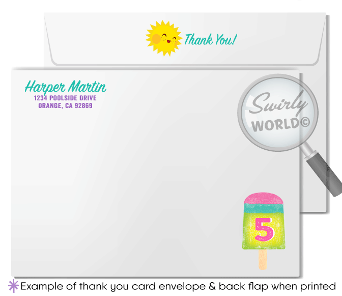 This "Fun in the Sun" summer ice cream popsicle party invitation design includes an instant downloadable invite, thank you card, and matching envelopes to set your summer beach theme party in style!