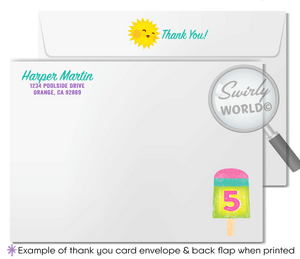 This "Fun in the Sun" summer ice cream popsicle party invitation design includes an instant downloadable invite, thank you card, and matching envelopes to set your summer beach theme party in style!