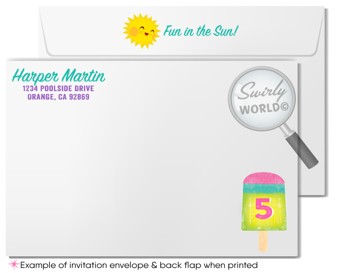 This "Fun in the Sun" summer ice cream popsicle party invitation design includes an instant downloadable invite, thank you card, and matching envelopes to set your summer beach theme party in style!