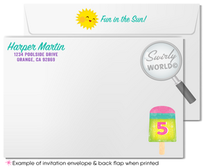 This "Fun in the Sun" summer ice cream popsicle party invitation design includes an instant downloadable invite, thank you card, and matching envelopes to set your summer beach theme party in style!