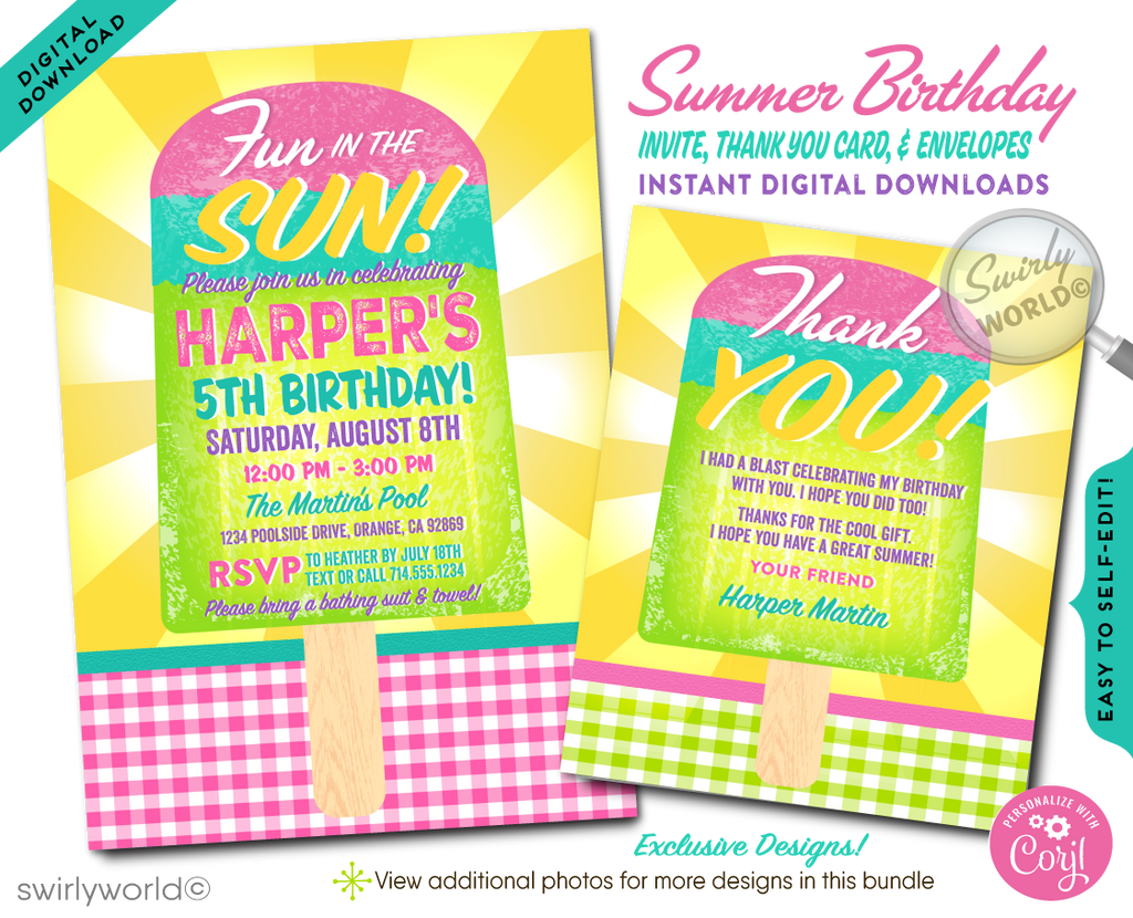 Prepare for a refreshing blast of summer fun with our Summer Beach Popsicle Ice Cream Party Digital Download Invitation Set. This bright and cheerful invitation is your ticket to a sun-drenched celebration, perfectly capturing the essence of summer with its vibrant colors and deliciously playful popsicle and ice cream motifs. Whether it's a day at the beach, a pool party, or a backyard bash, this design promises to sprinkle your summer gathering with joy and sweetness.