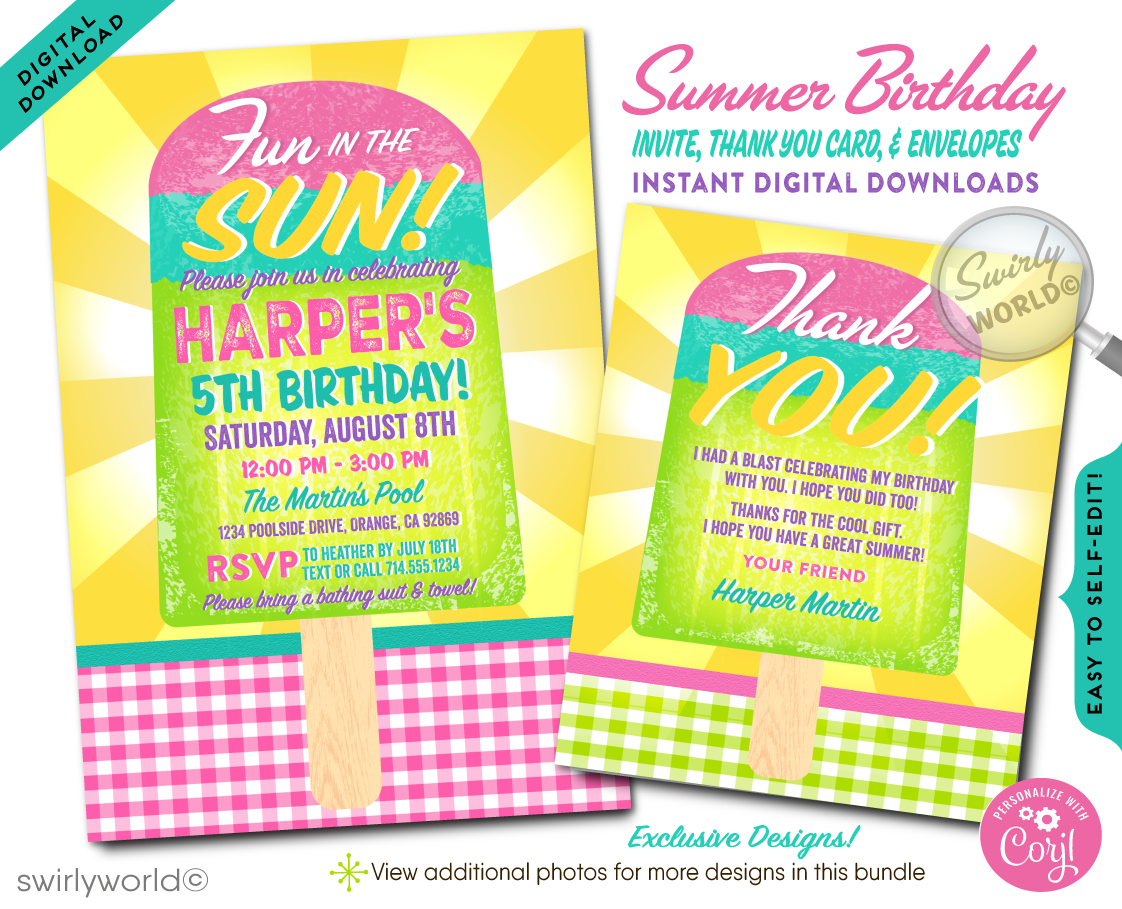 Prepare for a refreshing blast of summer fun with our Summer Beach Popsicle Ice Cream Party Digital Download Invitation Set. This bright and cheerful invitation is your ticket to a sun-drenched celebration, perfectly capturing the essence of summer with its vibrant colors and deliciously playful popsicle and ice cream motifs. Whether it's a day at the beach, a pool party, or a backyard bash, this design promises to sprinkle your summer gathering with joy and sweetness.