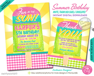 Prepare for a refreshing blast of summer fun with our Summer Beach Popsicle Ice Cream Party Digital Download Invitation Set. This bright and cheerful invitation is your ticket to a sun-drenched celebration, perfectly capturing the essence of summer with its vibrant colors and deliciously playful popsicle and ice cream motifs. Whether it's a day at the beach, a pool party, or a backyard bash, this design promises to sprinkle your summer gathering with joy and sweetness.