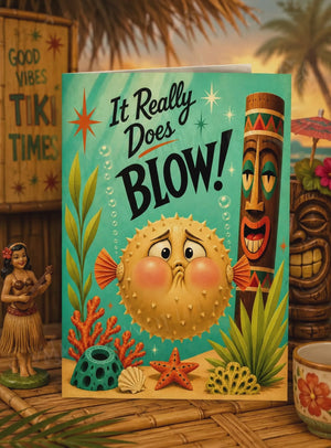 Sales Marketing Greeting Cards | Funny Pufferfish Tiki Card Promo
