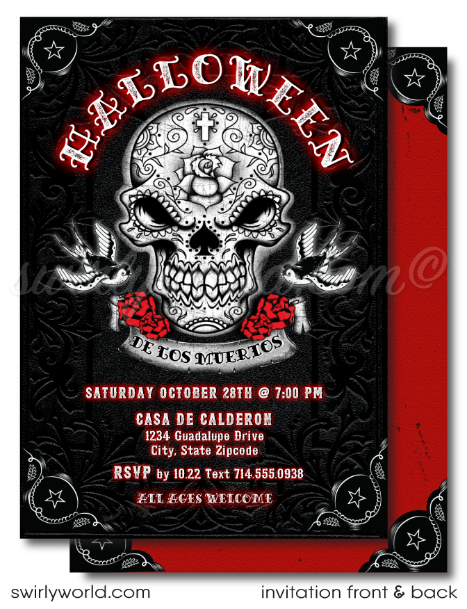 Unleash your punk rock style with our Day of the Dead inspired rockabilly hellfire Halloween invitations! Featuring a vintage sugar skull, tattoo-inspired swallows, and gothic red roses, these editable digital invites are perfect for creating a unique and unforgettable event. Download instantly and share with ease!