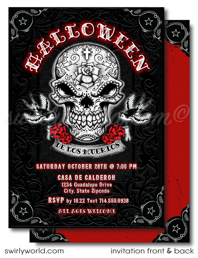 Punk Rock Rockabilly Sugar Skull Dia de los Muertos Halloween Party Printed Invitations
