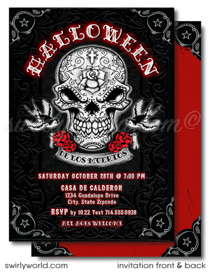 Make a bold statement with our Day of the Dead inspired rockabilly hellfire Halloween invitations! Featuring a vintage sugar skull, tattoo-inspired swallows, and gothic red roses, these printed invitations with custom envelopes are perfect for a unique, edgy celebration. Impress your guests with this striking design!