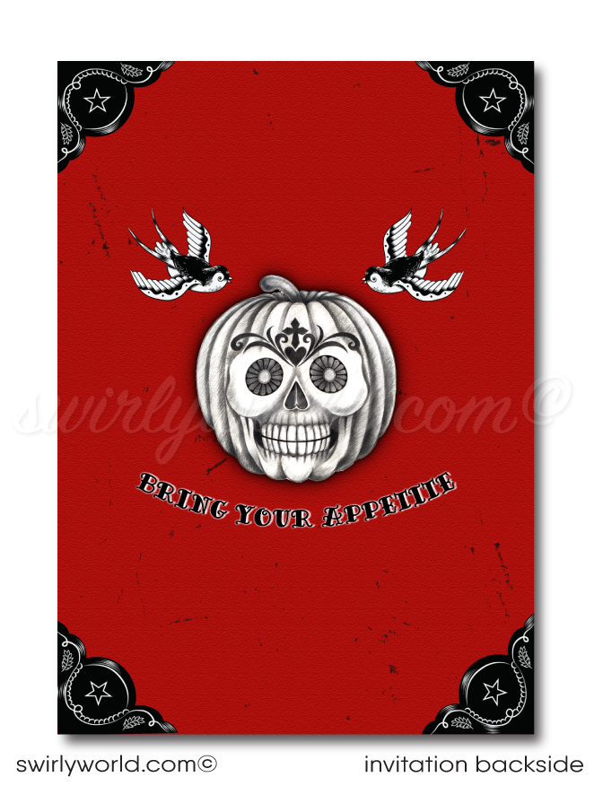Punk Rock Rockabilly Sugar Skull Dia de los Muertos Halloween Party Invitation Digital File