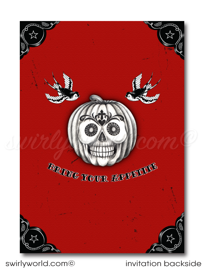 Unleash your punk rock style with our Day of the Dead inspired rockabilly hellfire Halloween invitations! Featuring a vintage sugar skull, tattoo-inspired swallows, and gothic red roses, these editable digital invites are perfect for creating a unique and unforgettable event. Download instantly and share with ease!