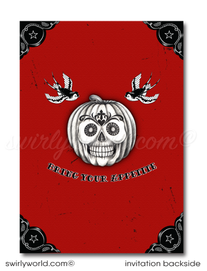 Unleash your punk rock style with our Day of the Dead inspired rockabilly hellfire Halloween invitations! Featuring a vintage sugar skull, tattoo-inspired swallows, and gothic red roses, these editable digital invites are perfect for creating a unique and unforgettable event. Download instantly and share with ease!