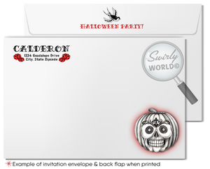 Make a bold statement with our Day of the Dead inspired rockabilly hellfire Halloween invitations! Featuring a vintage sugar skull, tattoo-inspired swallows, and gothic red roses, these printed invitations with custom envelopes are perfect for a unique, edgy celebration. Impress your guests with this striking design!