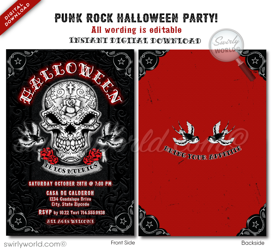Unleash your punk rock style with our Day of the Dead inspired rockabilly hellfire Halloween invitations! Featuring a vintage sugar skull, tattoo-inspired swallows, and gothic red roses, these editable digital invites are perfect for creating a unique and unforgettable event. Download instantly and share with ease!
