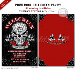 Unleash your punk rock style with our Day of the Dead inspired rockabilly hellfire Halloween invitations! Featuring a vintage sugar skull, tattoo-inspired swallows, and gothic red roses, these editable digital invites are perfect for creating a unique and unforgettable event. Download instantly and share with ease!
