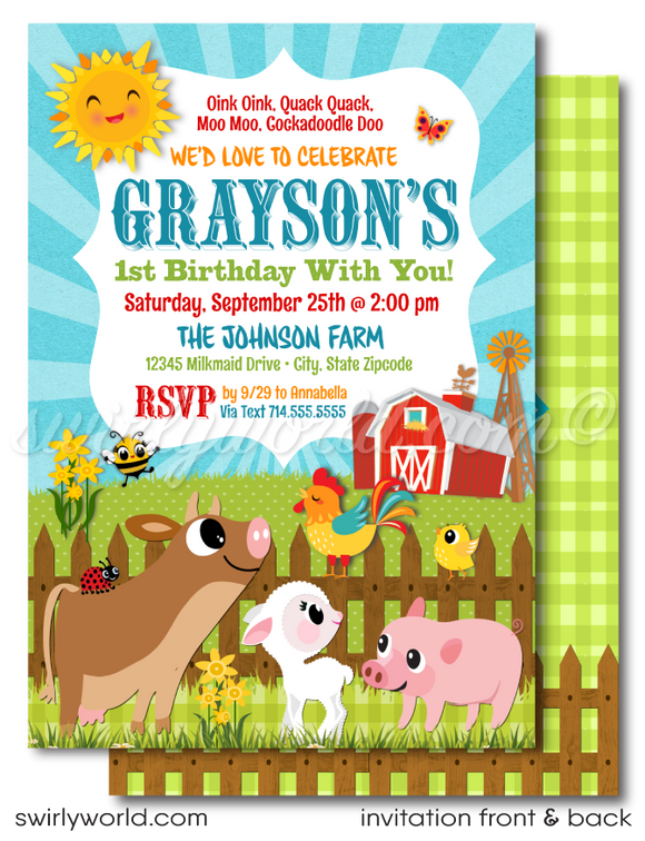  Country Barnyard Farm Animals Rancher Farmer 1st Birthday Invitation Digital Download