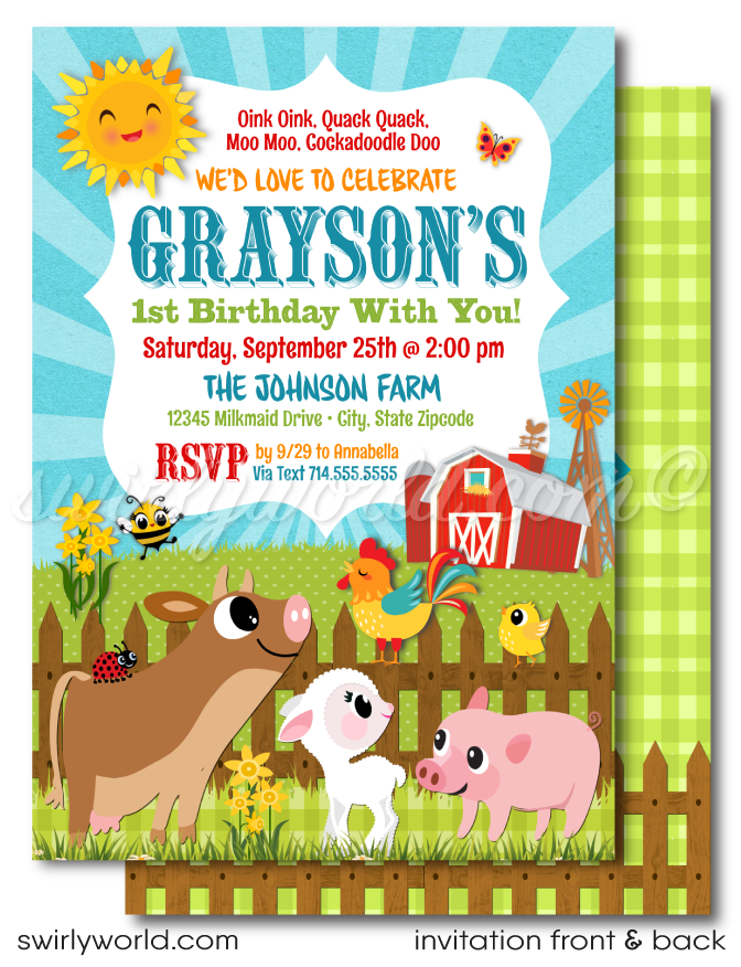 Celebrate your little one's first birthday with our Rancher Barnyard Theme Invitation Set. Featuring charming illustrations of baby farm animals, this collection includes beautifully crafted invites, thank you cards, and coordinated envelopes. Perfect for a rustic and unforgettable barnyard birthday bash!