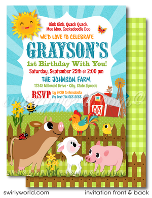 Celebrate your little one's first birthday with our Rancher Barnyard Theme Invitation Set. Featuring charming illustrations of baby farm animals, this collection includes beautifully crafted invites, thank you cards, and coordinated envelopes. Perfect for a rustic and unforgettable barnyard birthday bash!