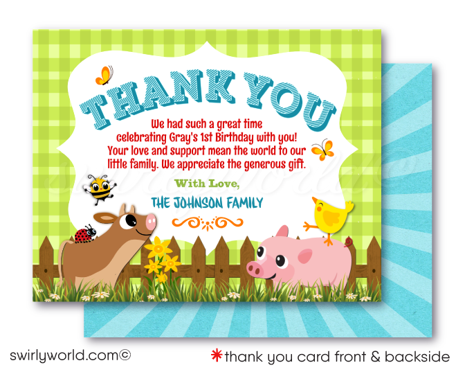 Country Barnyard Farm Animals Rancher Farmer 1st Birthday thank you cards for Boys or Girls