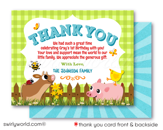Celebrate your little one's first birthday with our Rancher Barnyard Theme Invitation Set. Featuring charming illustrations of baby farm animals, this collection includes beautifully crafted invites, thank you cards, and coordinated envelopes. Perfect for a rustic and unforgettable barnyard birthday bash!