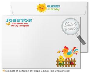 Invite guests to a charming celebration with our Farmer's Barnyard Baby Farm Animals First Birthday Invitation. This gender-neutral, digital download features adorable illustrations of baby farm animals and includes a beautifully designed invitation, thank you card, and matching envelopes. Perfect for your little one's first birthday party!