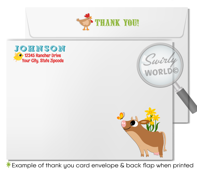 Celebrate your little one's first birthday with our Rancher Barnyard Theme Invitation Set. Featuring charming illustrations of baby farm animals, this collection includes beautifully crafted invites, thank you cards, and coordinated envelopes. Perfect for a rustic and unforgettable barnyard birthday bash!