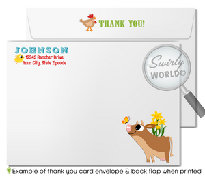 Celebrate your little one's first birthday with our Rancher Barnyard Theme Invitation Set. Featuring charming illustrations of baby farm animals, this collection includes beautifully crafted invites, thank you cards, and coordinated envelopes. Perfect for a rustic and unforgettable barnyard birthday bash!