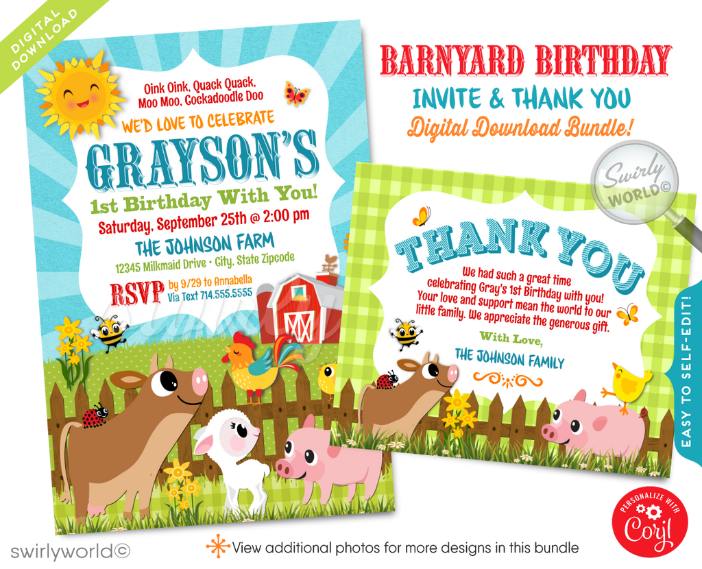  Country Barnyard Farm Animals Rancher Farmer 1st Birthday Invitation Digital Download