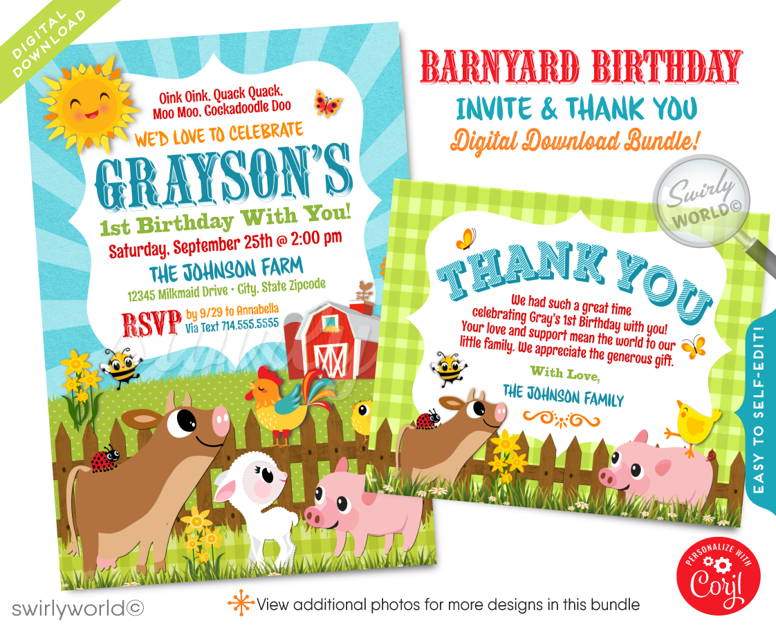 Invite guests to a charming celebration with our Farmer's Barnyard Baby Farm Animals First Birthday Invitation. This gender-neutral, digital download features adorable illustrations of baby farm animals and includes a beautifully designed invitation, thank you card, and matching envelopes. Perfect for your little one's first birthday party!