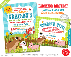 Invite guests to a charming celebration with our Farmer's Barnyard Baby Farm Animals First Birthday Invitation. This gender-neutral, digital download features adorable illustrations of baby farm animals and includes a beautifully designed invitation, thank you card, and matching envelopes. Perfect for your little one's first birthday party!