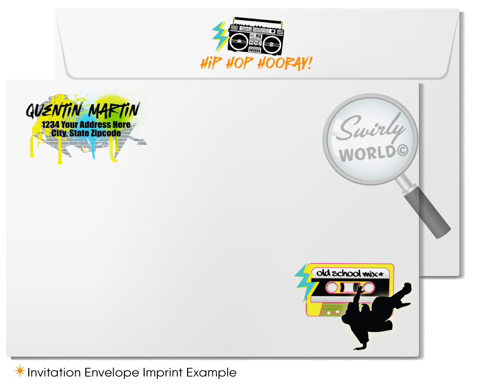 Kick-off your old school Hip Hop birthday bash with these totally dope graffiti Hip Hop party invitations! Old School 80s-90s hip-hop break-dancer rap graffiti spray paint ghetto blaster birthday party invitation and thank you cards for instant digital download. Kick it old school 90's rap birthday party theme.