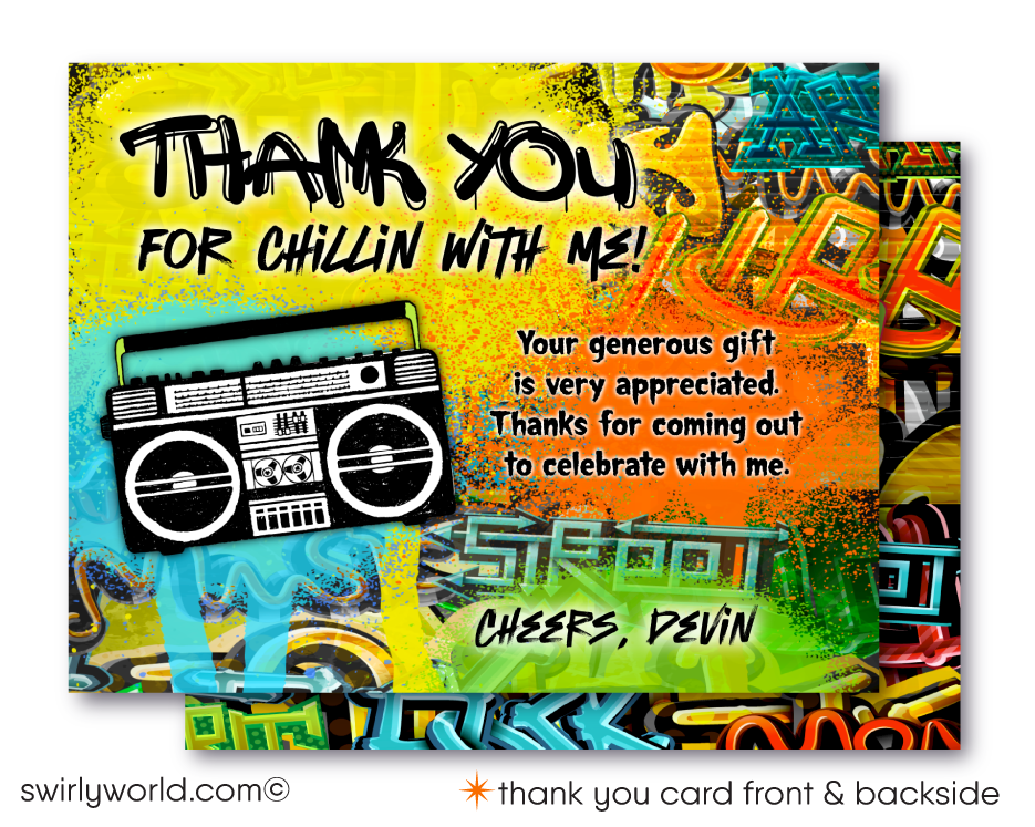 Kick-off your old school Hip Hop birthday bash with these totally dope graffiti Hip Hop party invitations! Old School 80s-90s hip-hop break-dancer rap graffiti spray paint ghetto blaster birthday party invitation and thank you cards for instant digital download. Kick it old school 90's rap birthday party theme.