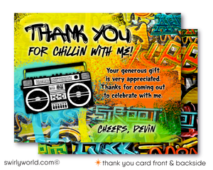 Kick-off your old school Hip Hop birthday bash with these totally dope graffiti Hip Hop party invitations! Old School 80s-90s hip-hop break-dancer rap graffiti spray paint ghetto blaster birthday party invitation and thank you cards for instant digital download. Kick it old school 90's rap birthday party theme.