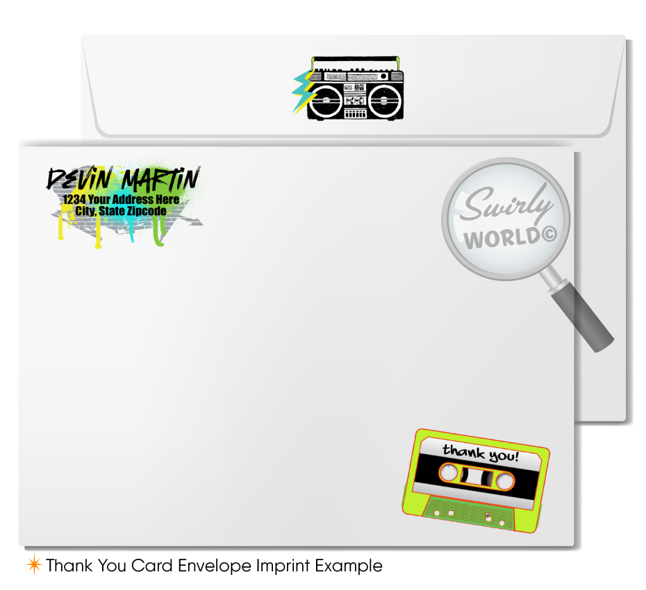 Kick-off your old school Hip Hop birthday bash with these totally dope graffiti Hip Hop party invitations! Old School 80s-90s hip-hop break-dancer rap graffiti spray paint ghetto blaster birthday party invitation and thank you cards for instant digital download. Kick it old school 90's rap birthday party theme.