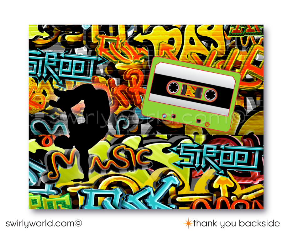 Kick-off your old school Hip Hop birthday bash with these totally dope graffiti Hip Hop party invitations! Old School 80s-90s hip-hop break-dancer rap graffiti spray paint ghetto blaster birthday party invitation and thank you cards for instant digital download. Kick it old school 90's rap birthday party theme.