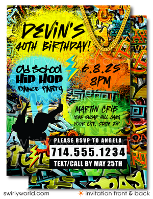 Kick-off your old school Hip Hop birthday bash with these totally dope graffiti Hip Hop party invitations! Old School 80s-90s hip-hop break-dancer rap graffiti spray paint ghetto blaster birthday party invitation and thank you cards for instant digital download. Kick it old school 90's rap birthday party theme.