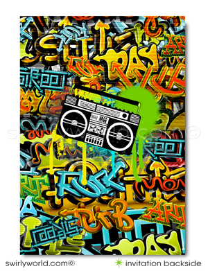 Kick-off your old school Hip Hop birthday bash with these totally dope graffiti Hip Hop party invitations! Old School 80s-90s hip-hop break-dancer rap graffiti spray paint ghetto blaster birthday party invitation and thank you cards for instant digital download. Kick it old school 90's rap birthday party theme.
