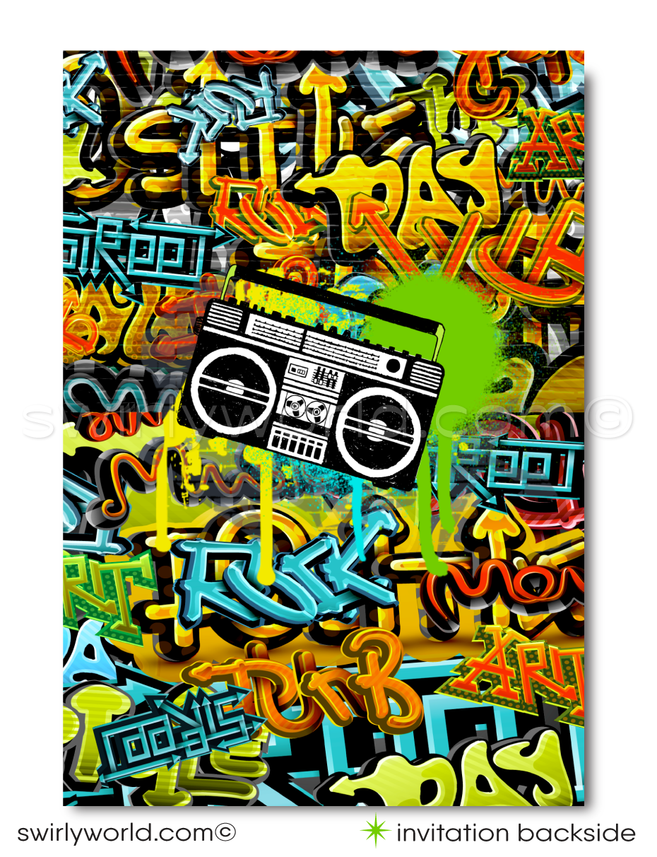 Celebrate in style with our Retro Throwback Old School Hip-Hop Dance Theme Invitation Set! Perfect for a 50th birthday, featuring iconic 80s-90s elements like break-dancing, rap, graffiti art, and ghetto blasters. Includes invitations, thank you cards, and envelopes. Get ready to groove with this vibrant, nostalgic set!