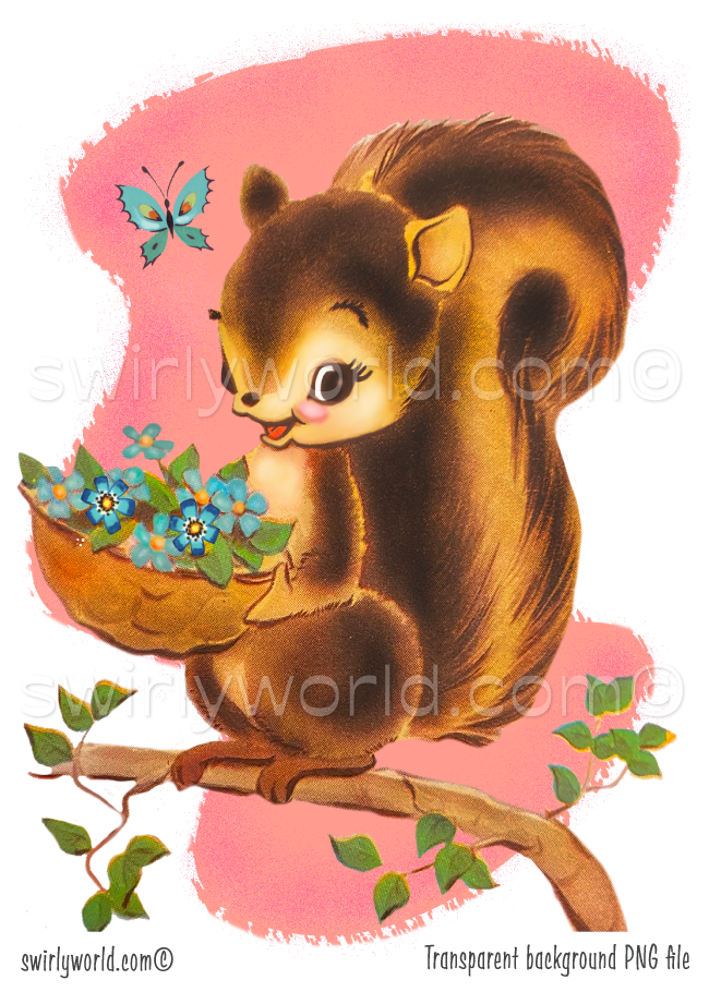 Vintage style mid-century modern digital downloadable retro kitschy squirrel with basket full of blue flowers and butterfly. This retro illustration is set against a mcm style pink boomerang background with atomic starbursts.
