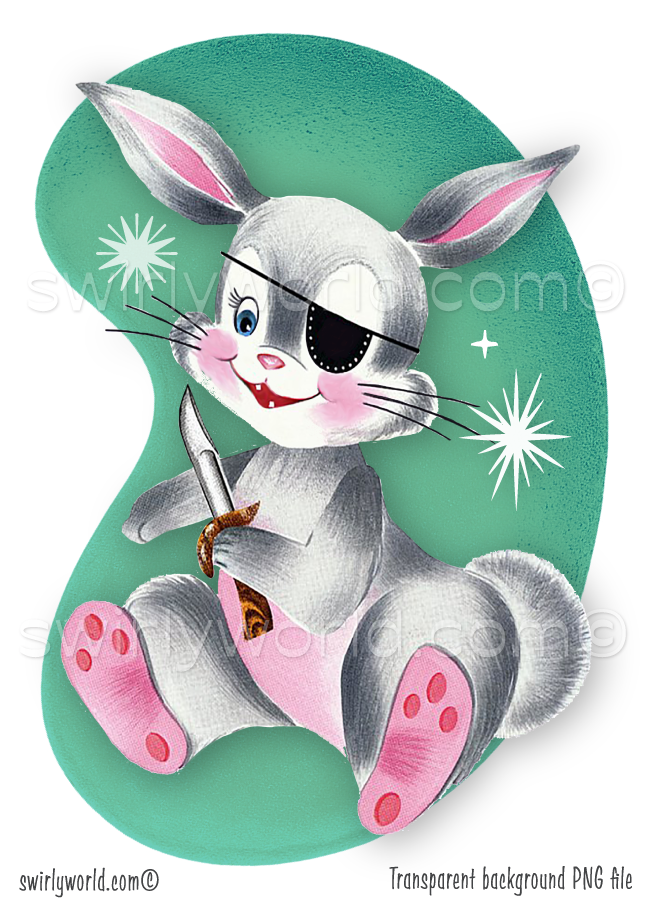 1940s-1950s vintage mid-century modern bunny rabbit with a pirate's eye patch and sword, against a mcm boomerang aqua blue background with white atomic starbursts. 