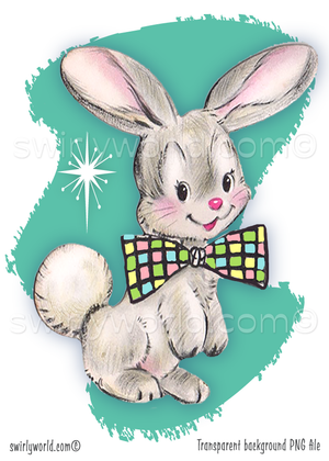 1940s-1950s vintage mid-century modern bunny rabbit in multi-colored bowtie, on a mcm boomerang aqua blue background with white atomic starbursts. 