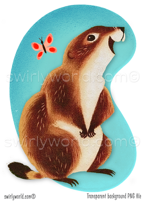 Vintage style mid-century modern digital downloadable retro kitschy beaver with mod butterfly. This retro illustration is set against a mcm style aqua blue background with atomic starbursts.