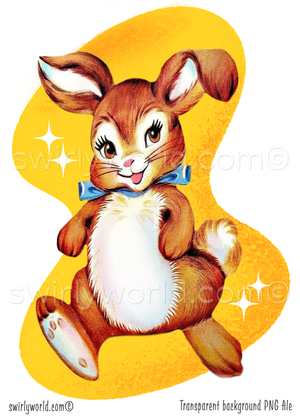 Vintage style mid-century modern digital downloadable retro kitschy bunny rabbit in blue satin bow. This retro illustration is set against a mcm style yellow background with atomic starbursts.