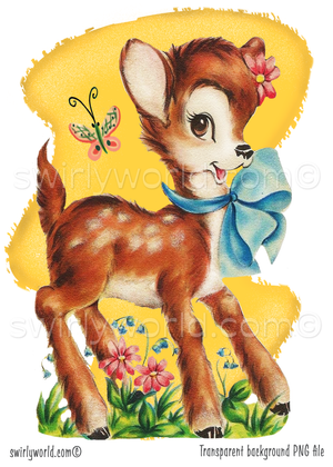 Vintage style mid-century modern digital downloadable retro kitschy deer in blue satin bow with a garden of flowers. This retro illustration is set against a mcm style yellow background with atomic starbursts.