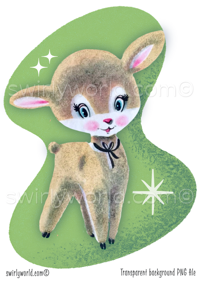 Mid-century modern style 1940s-1950s vintage mod deer doe on a retro MCM pastel green boomerang shaped background with atomic white starbursts.