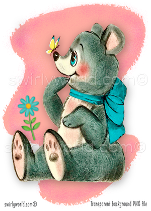 A rare 1940s-1950s style kitschy spot art illustration on a mid-century modern, blue boomerang shaped background with starbursts, featuring a gray bear with a butterfly on it's nose; perfect for a baby's vintage style nursery.